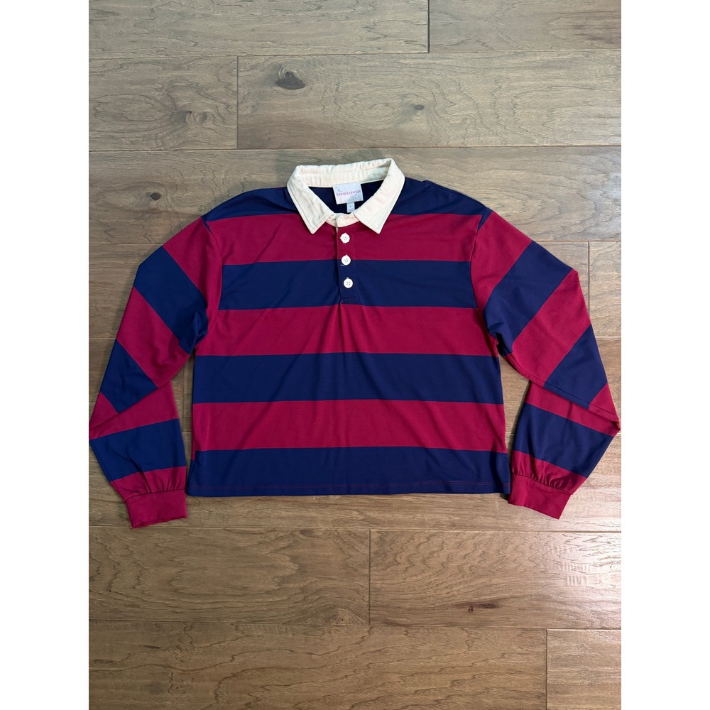 Honey & Sparkle Womens Rugby Stripe Long Sleeve‎ Shirt Burgundy Navy Blue Large
